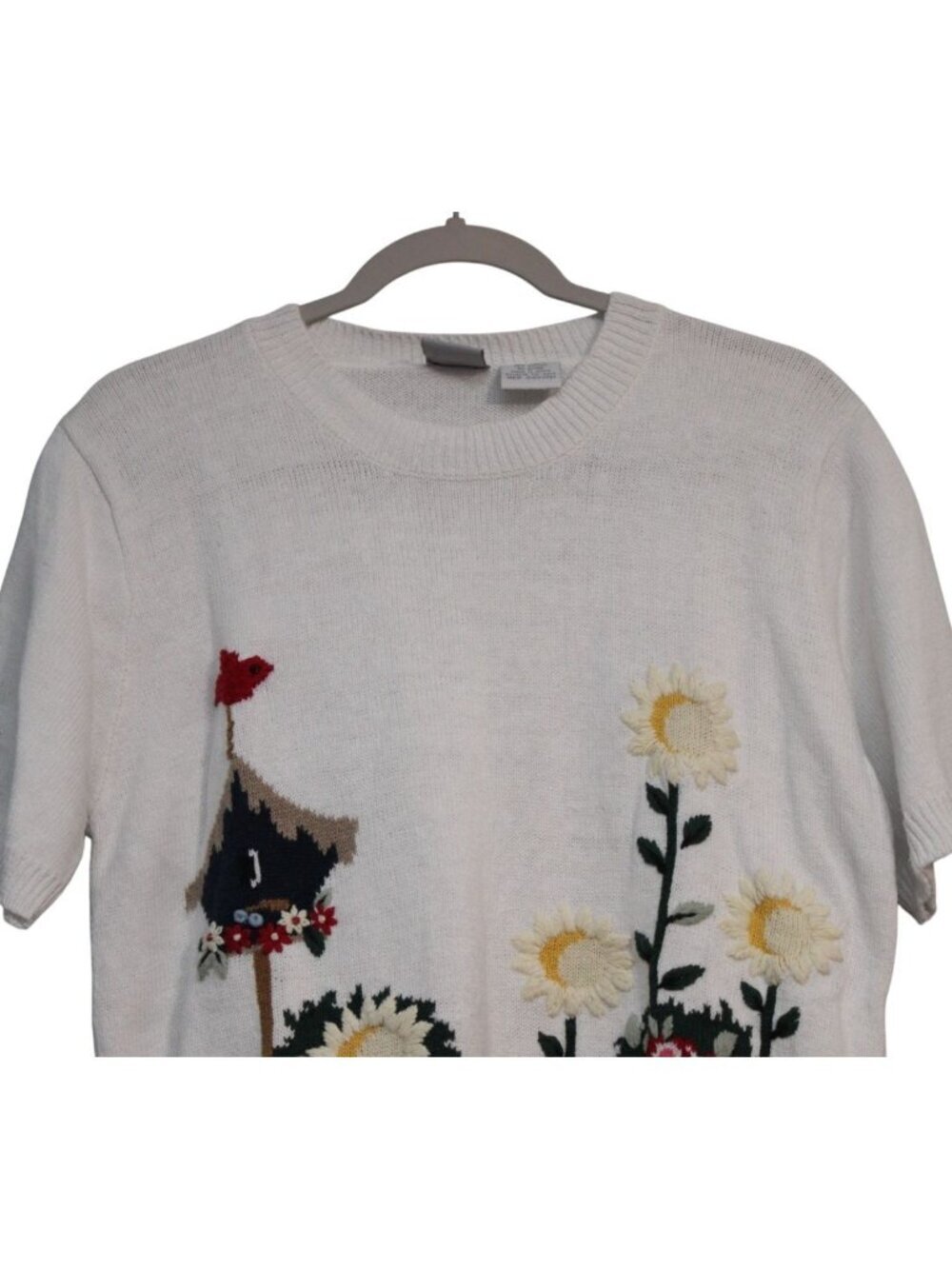 Vintage Knit Sweater Medium Embroidered Floral Grandma Cottagecore Ramie Gingham - Picture 2 of 11